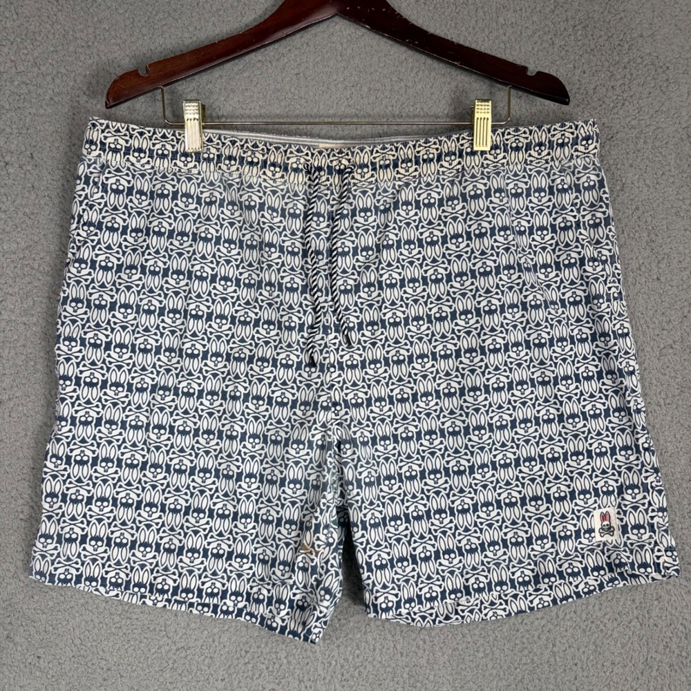 Psycho Bunny Swim Trunks Men L Blue White All Over Logo Print Shorts Drawstring